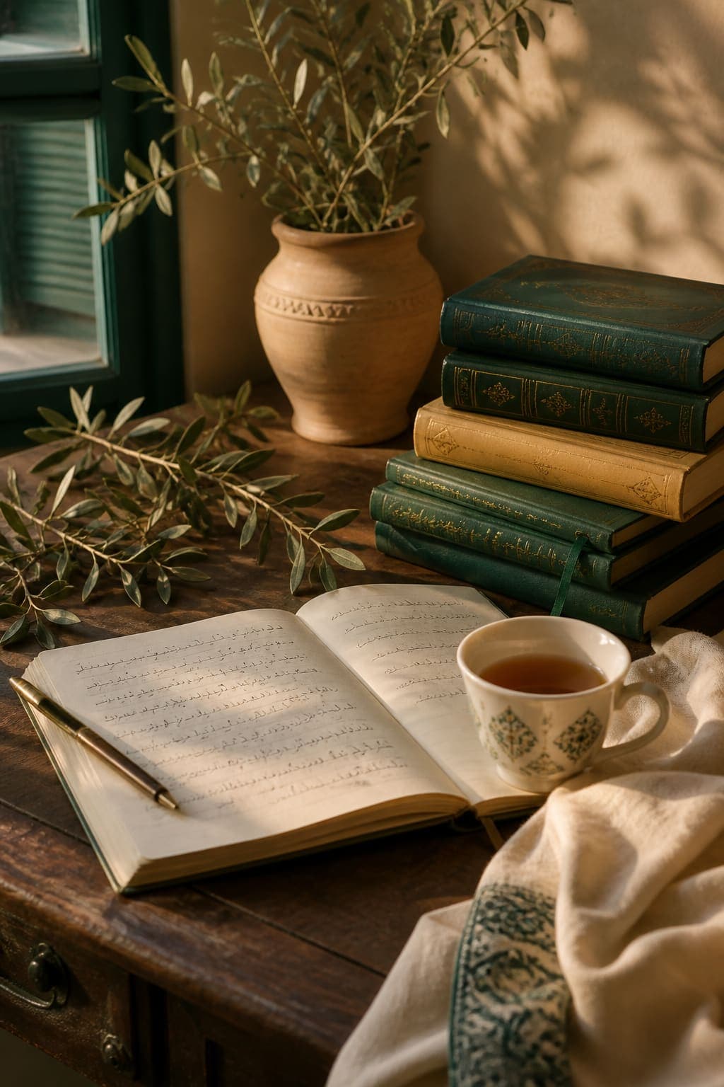 A quiet study desk with an open notebook, books and olive branches