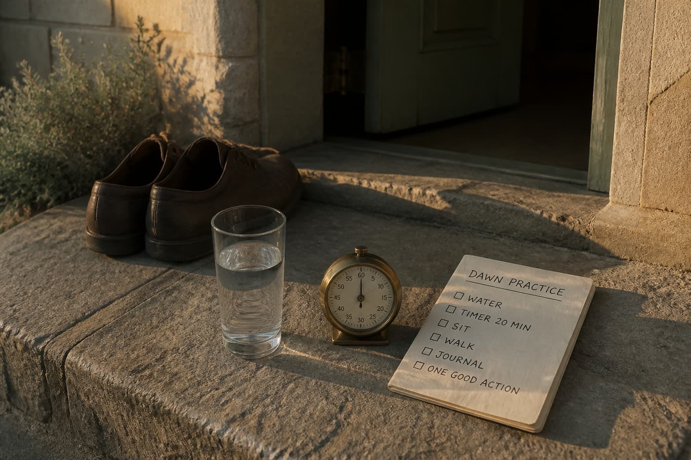A dawn doorstep with shoes, water, a timer and a small checklist