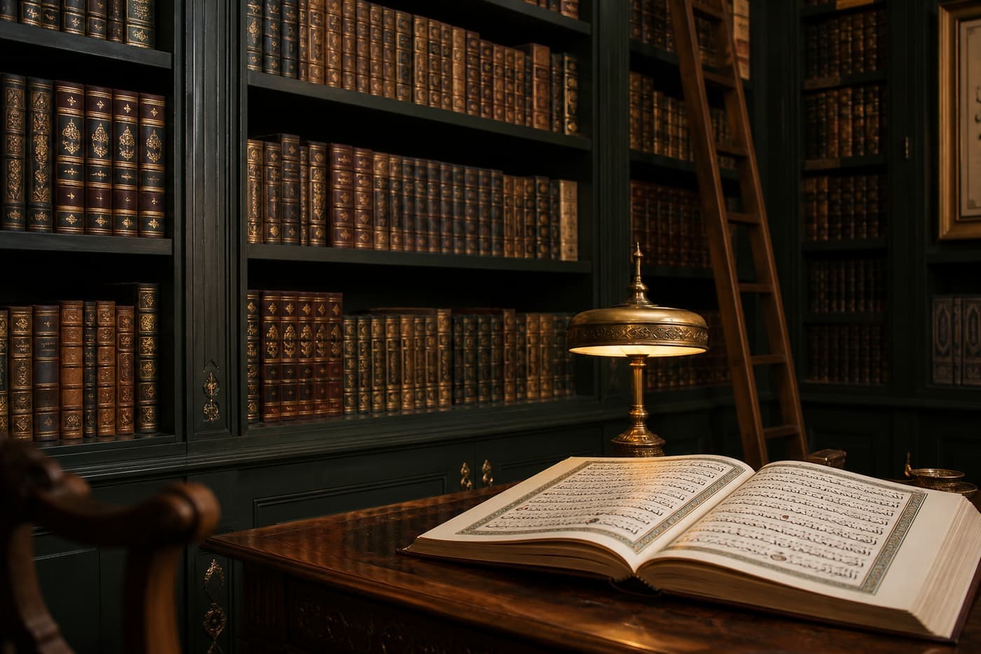 A quiet library alcove with books and an open manuscript
