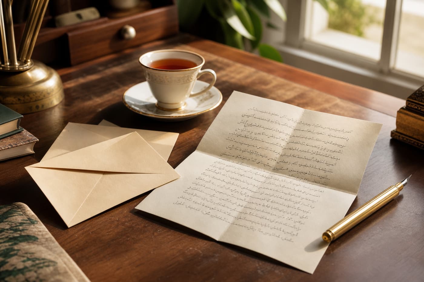 A writing desk with a letter and morning tea