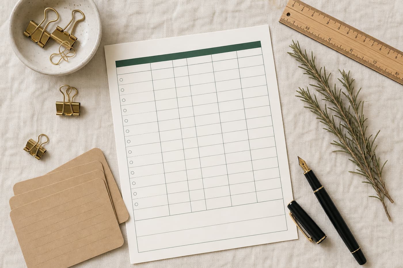 A one-page planner with pens and gold clips